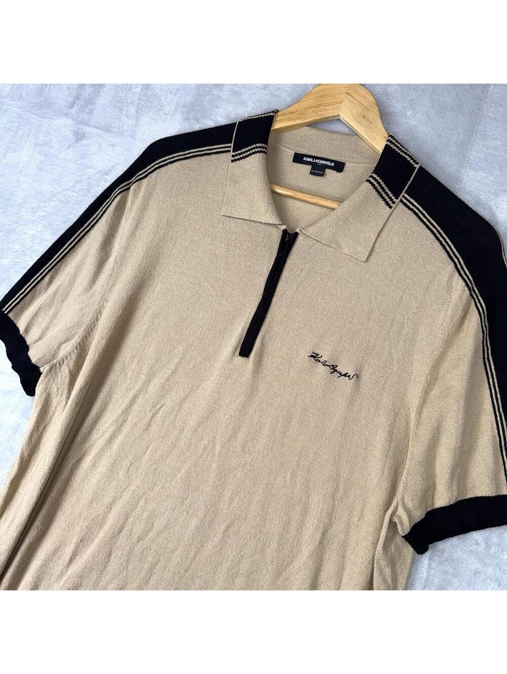 Karl Lagerfeld Paris Knit Polo Beige Black Zip Short Sleeve Men XL Design Preppy
